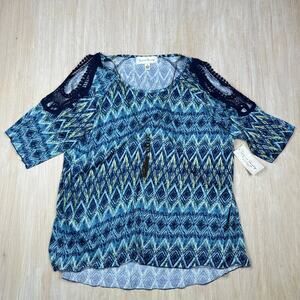 NWT French Laundry Cristel Blue Combo Cold Shoulder Necklace Top Blouse 2X
